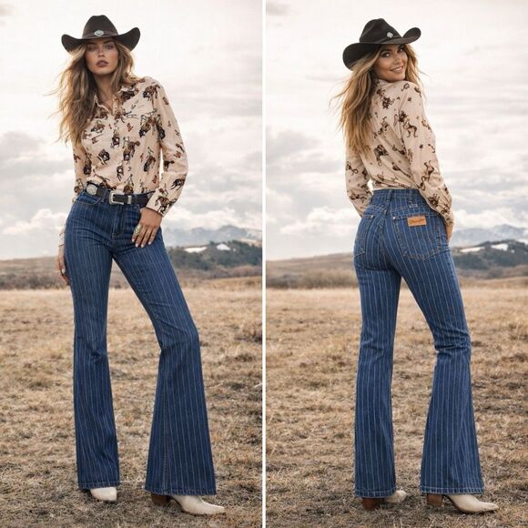 Wrangler Denim - Wrangler Wanderer Pinstripe High Rise Flare Jeans 31x34 Festival Western Rodeo